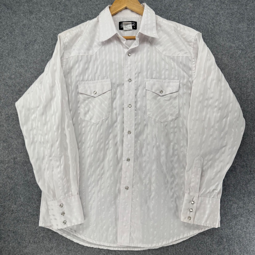 Wrangler Western Shirt Mens L White Tonal Stripe Pearl Snap Long Sleeve Vintage